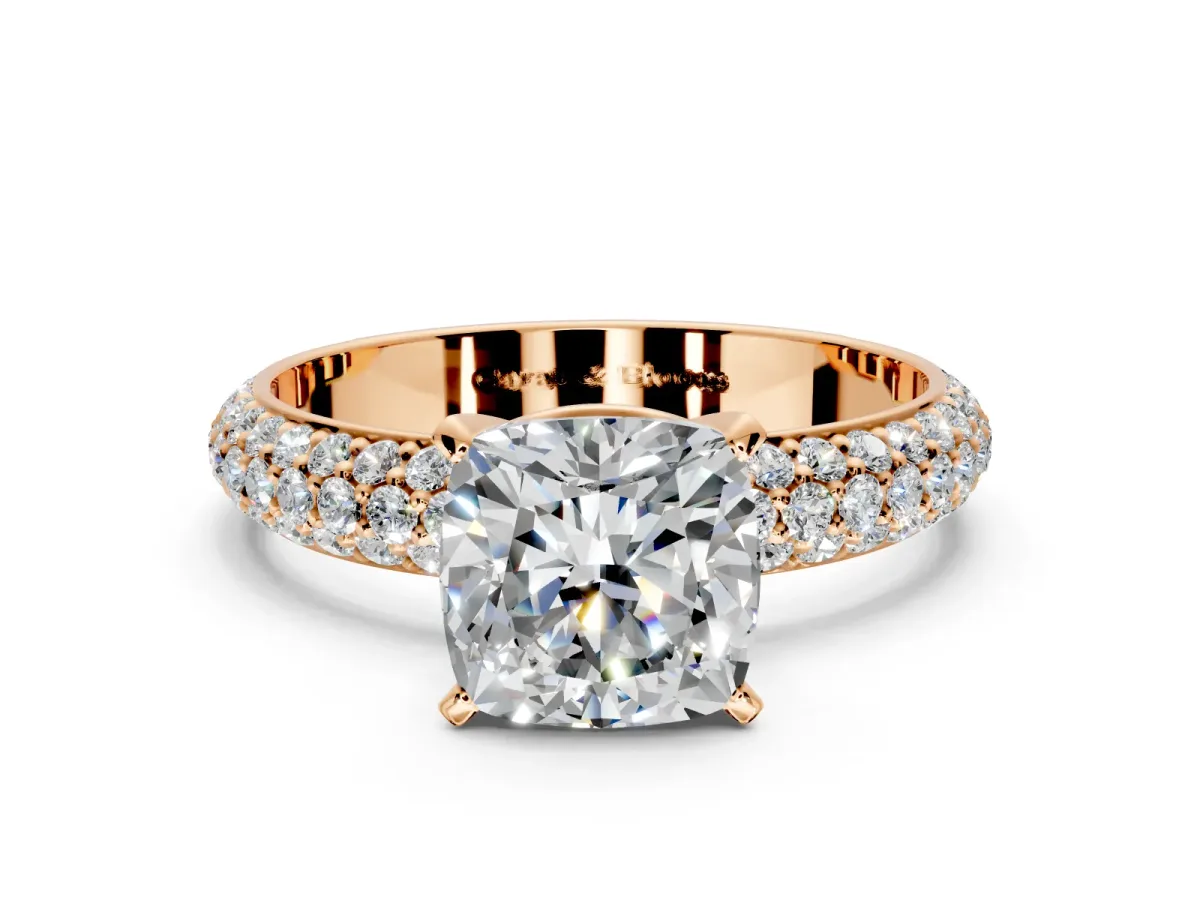 Solitaire Engagement Ring Setting for Cushion Cut Center with Domed Multi-Row Pave Band and Prong Head in Rose Gold