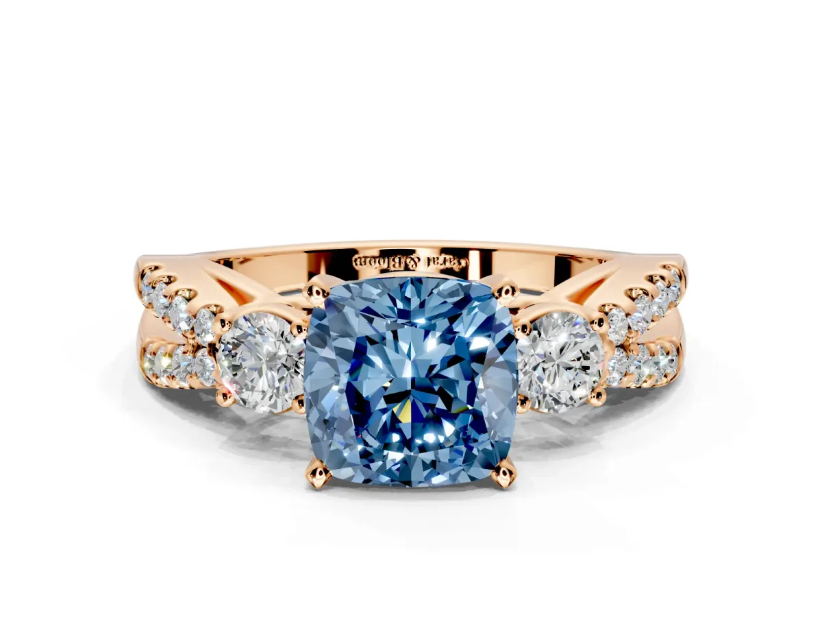 3 Stone Engagement Ring Setting for Fancy Blue Cushion Cut Center with Pave Split Shank and Prong Head in Rose Gold