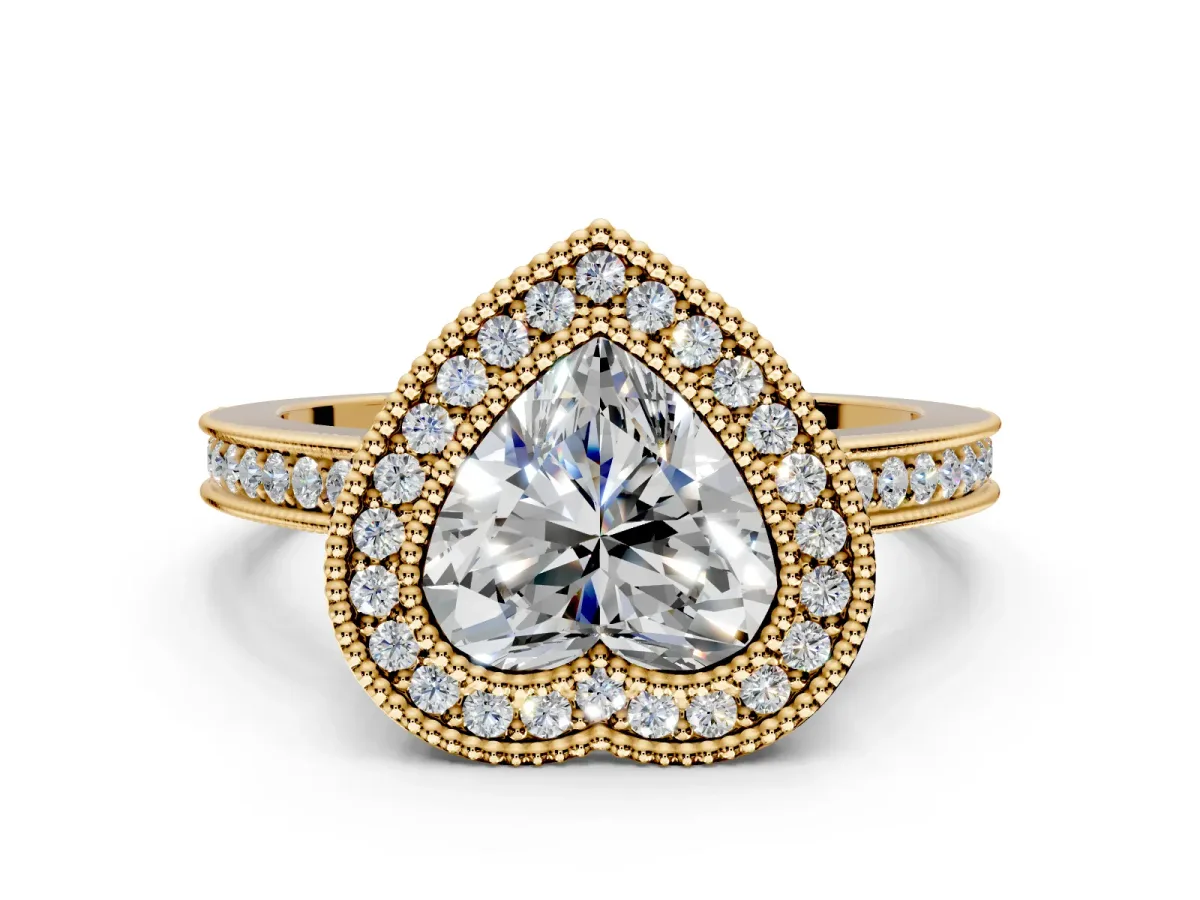 Halo Engagement Ring Setting for Heart-Shaped Center with Milgrain Halo, Pave Band and Prong Head in Yellow Gold