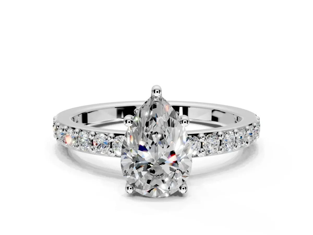 Solitaire Engagement Ring Setting for Pear-Shaped Center with Round Cut Pave Band and Prong Head in Platinum
