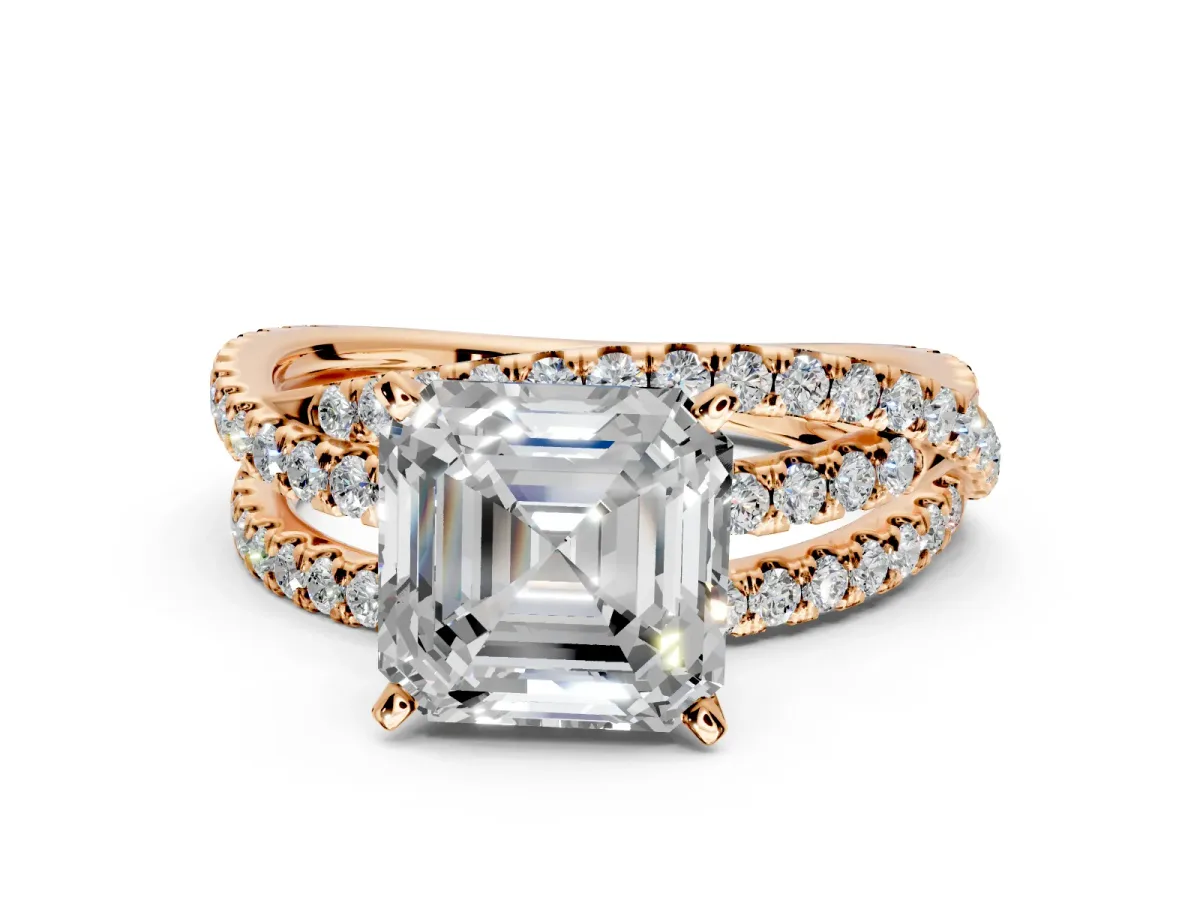 Solitaire Engagement Ring Setting for Asscher Cut Center with Woven 3-Strand Pave Band and Prong Head in Rose Gold