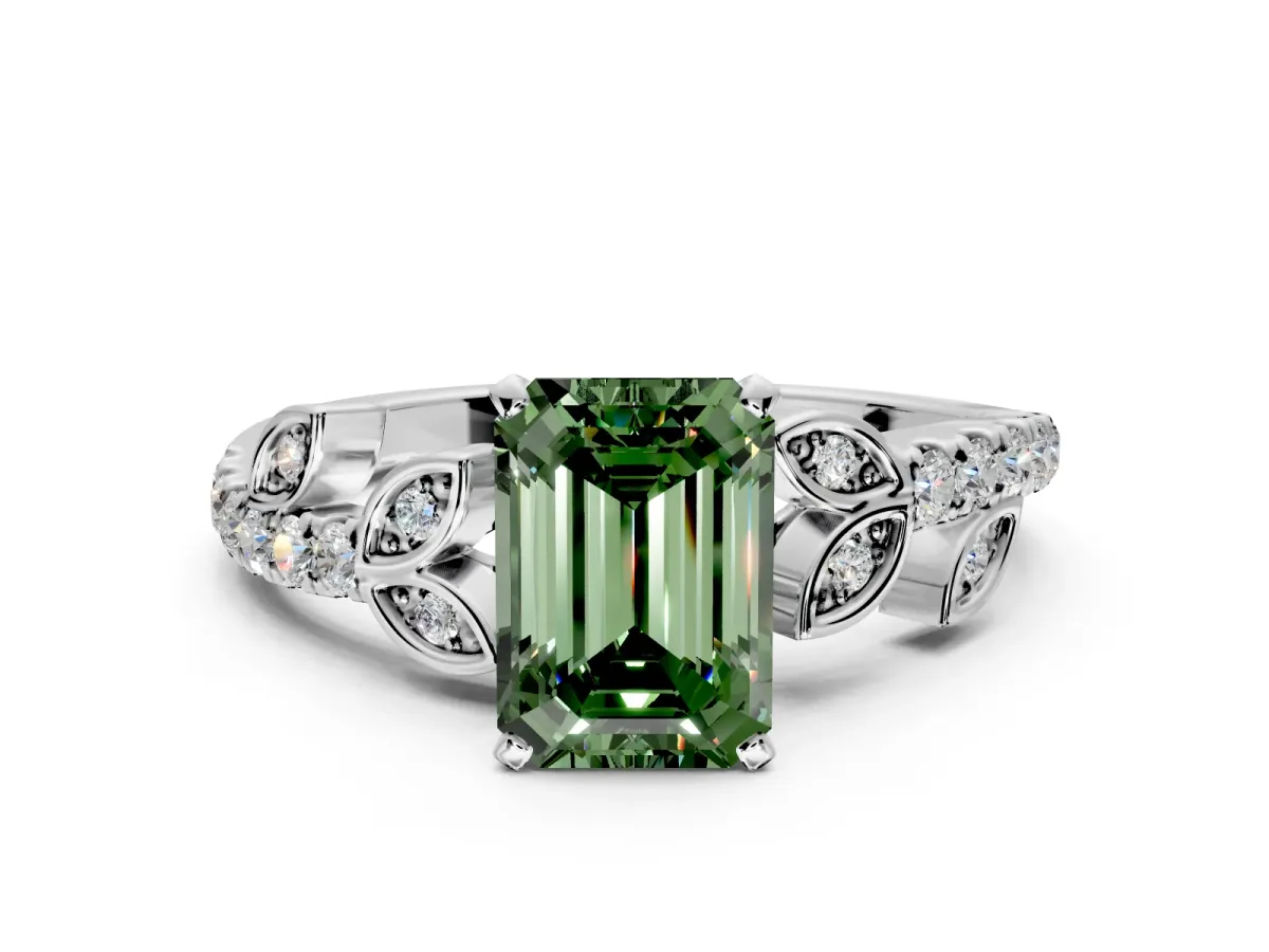 Leaf Motif Engagement Ring Setting for Fancy Green Emerald Cut Center with Pave Band and Prong Head in Sterling Silver