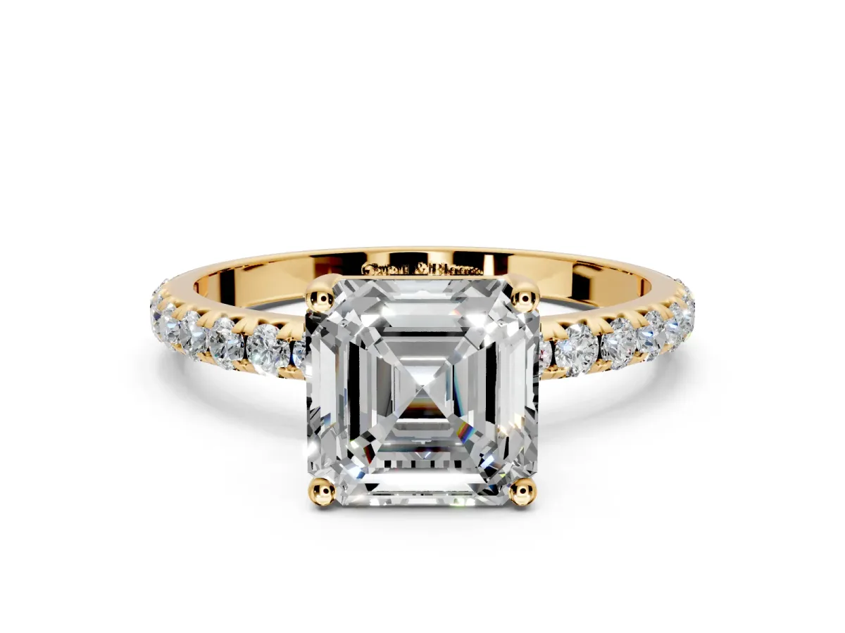 Solitaire Engagement Ring Setting for Asscher Cut Center with Micro Pave Band and Prong Head in Yellow Gold