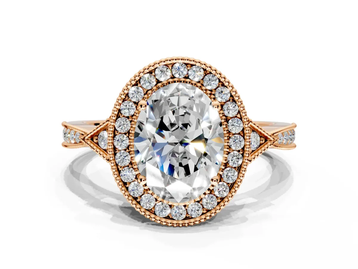 Halo Engagement Ring Setting for Oval Center with Milgrain Rim, Pave Band and Prong Head in Rose Gold