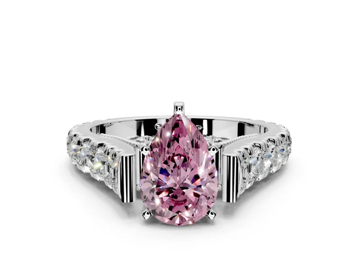 Solitaire Engagement Ring Setting for Fancy Pink Pear-Shaped Center with Pave Cathedral Shoulders and Prong Head in White Gold
