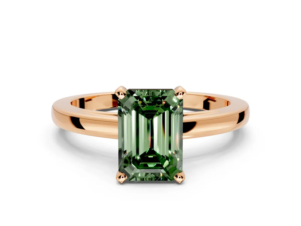 Solitaire Engagement Ring Setting for Fancy Green Emerald Cut Center with Basket Rail and Prong Head in Rose Gold