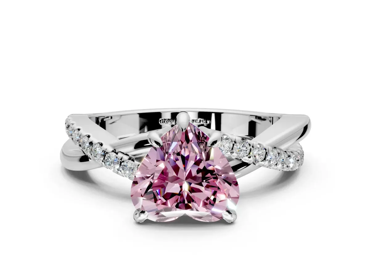 Solitaire Engagement Ring Setting for Fancy Pink Heart-Shaped Center with Half-Pave Crossover Band and Prong Head in Sterling Silver