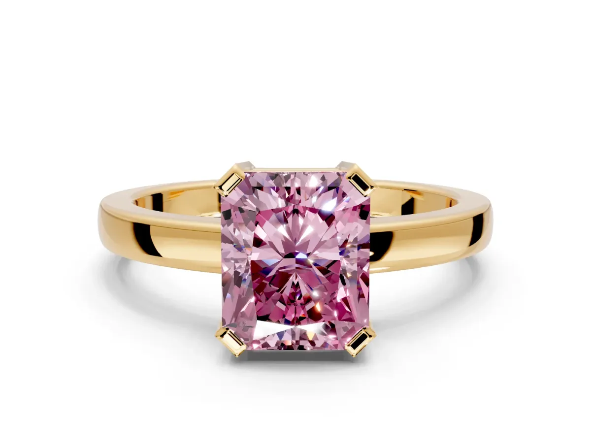 Solitaire Engagement Ring Setting for Fancy Pink Radiant Cut Center with Plain Band and Flat Tab Prong Head in Yellow Gold