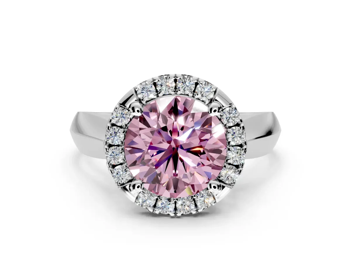 Halo Engagement Ring Setting for Fancy Pink Round Cut Center with Square Band and Prong Head in Platinum