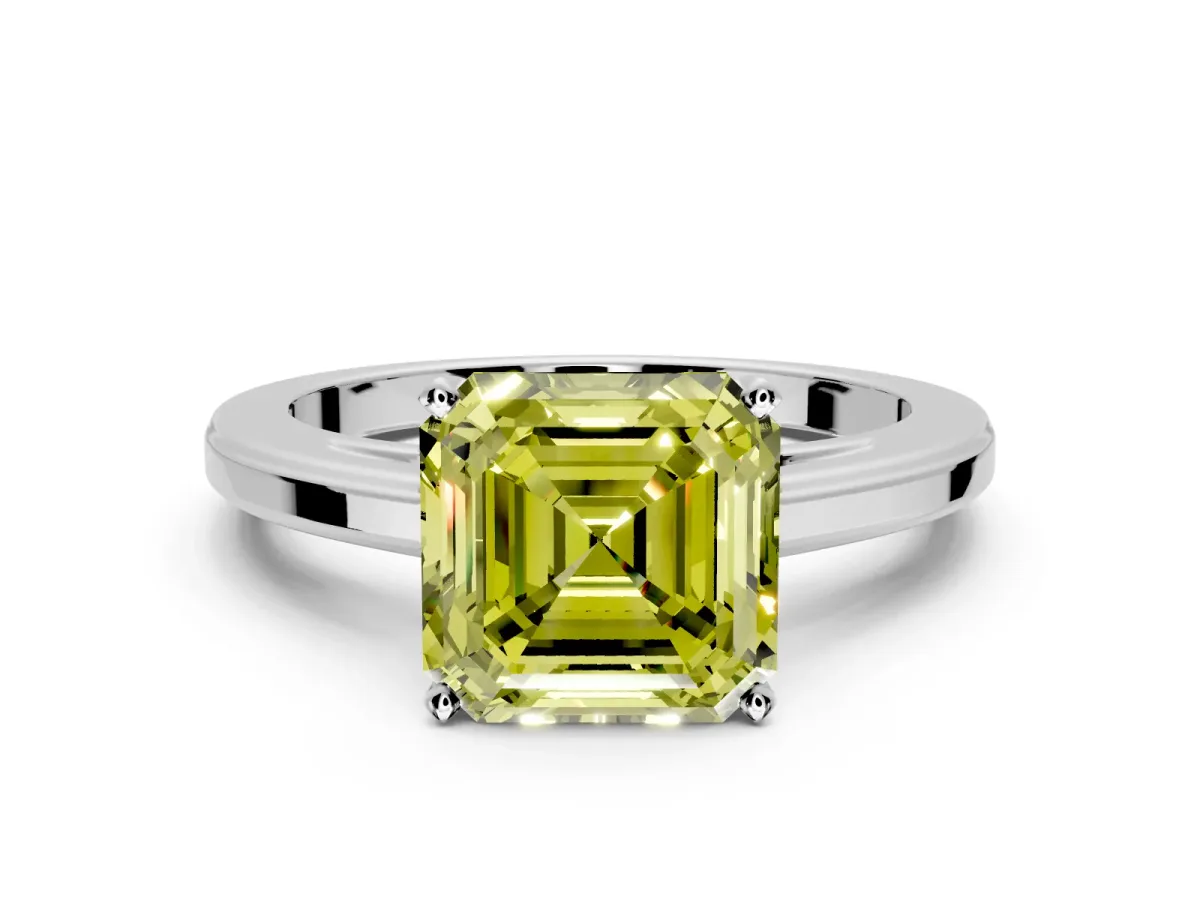 Solitaire Engagement Ring Setting for Fancy Yellow Asscher Cut Center with Flat-Sided Plain Band and Prong Head in Sterling Silver