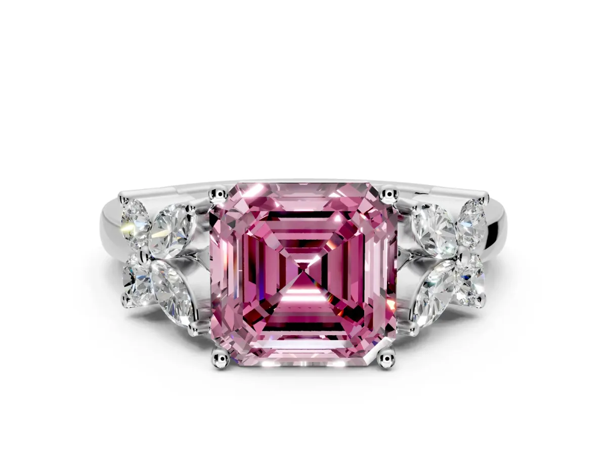 Floral Engagement Ring Setting for Fancy Pink Princess Cut Center with Marquise Cluster Shoulders and Prong Head in Sterling Silver