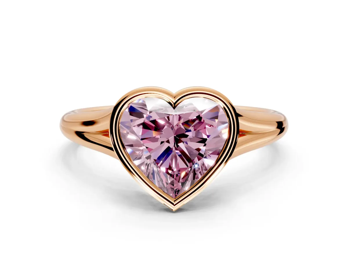 Solitaire Engagement Ring Setting for Fancy Pink Heart-Shaped Center with V Split Shank and Bezel Head in Rose Gold