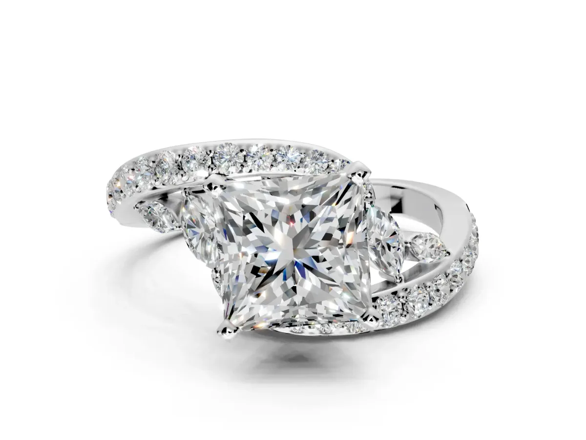 Solitaire Engagement Ring Setting for Princess Cut Center with Pave Bypass Twist Band and Prong Head in Sterling Silver