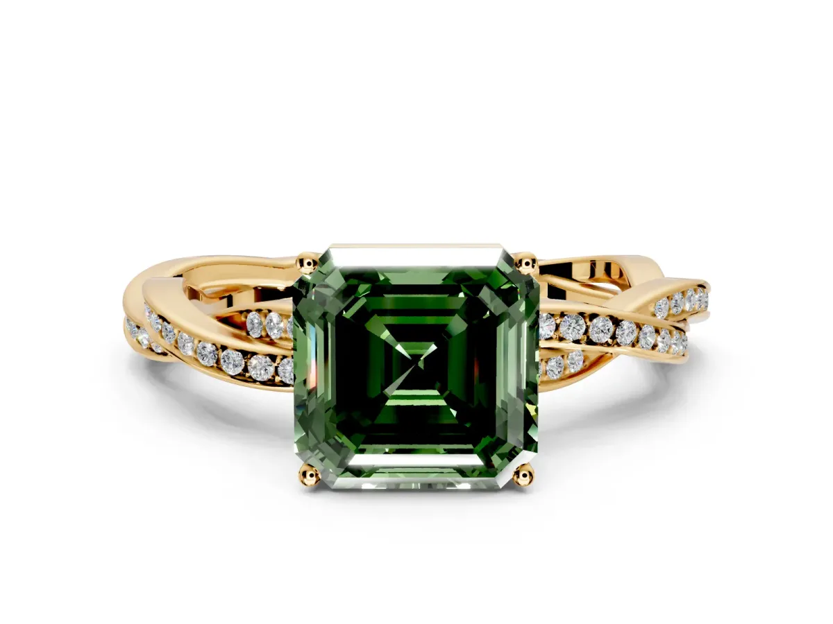 Solitaire Engagement Ring Setting for Fancy Green Asscher Cut Center with Twisted Pave Band and Prong Head in Yellow Gold