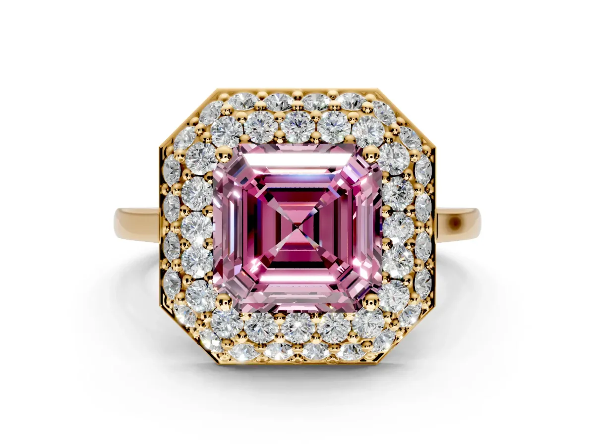 Halo Engagement Ring Setting for Fancy Pink Asscher Cut Center with Plain Tapered Band and Prong Head in Yellow Gold