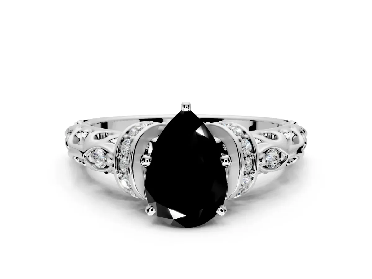 Solitaire Engagement Ring Setting for Fancy Black Pear-Shaped Center with Filigree Band and Prong Head in Platinum