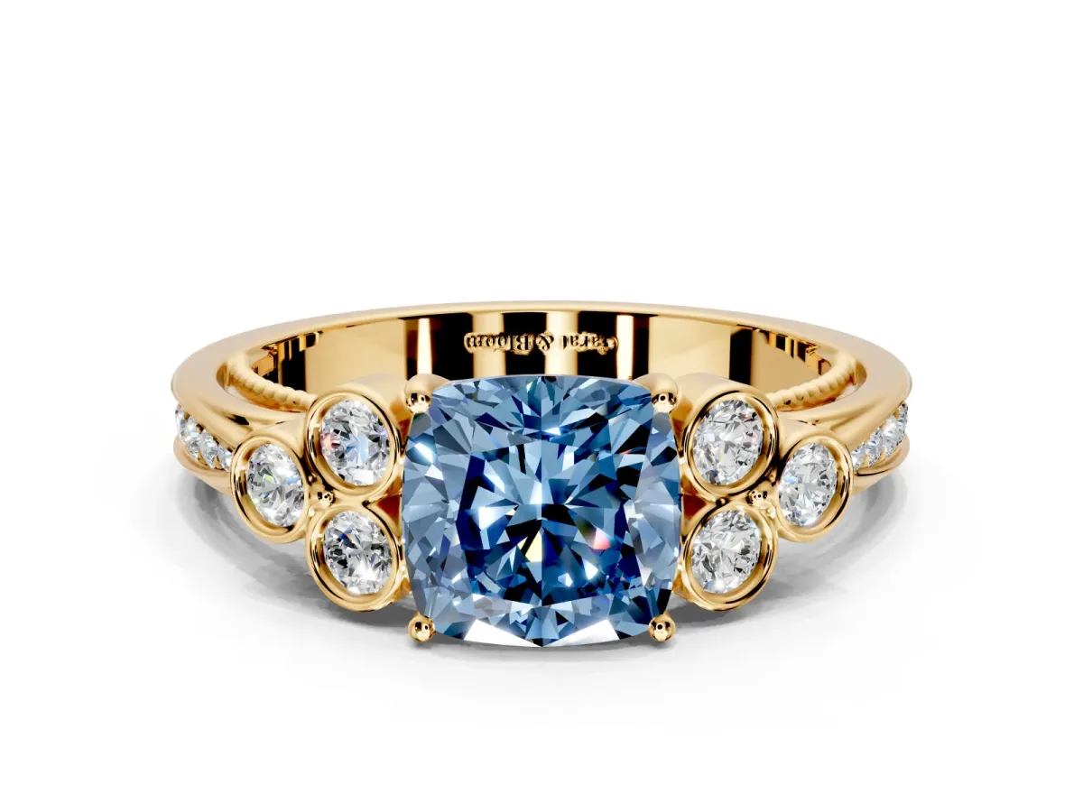 Cluster Engagement Ring Setting for Fancy Blue Cushion Cut Center with Bezel Accent Clusters and Prong Head in Yellow Gold