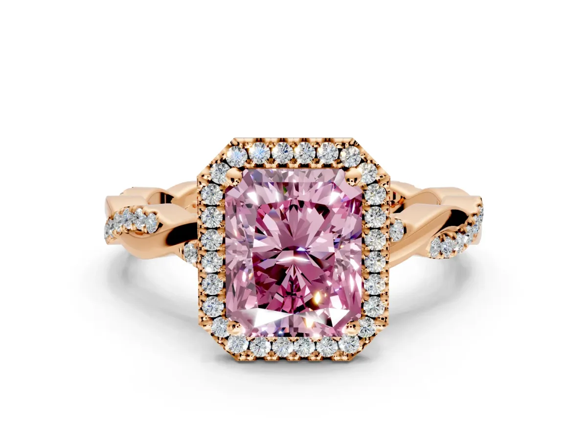 Halo Engagement Ring Setting for Fancy Pink Radiant Cut Center with Pave and Plain Twist Band and Prong Head in Rose Gold