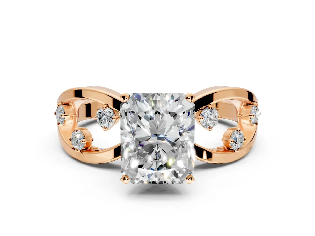 Solitaire Engagement Ring Setting for Radiant Cut Center with Criss-Cross Accent Band and Prong Head in Rose Gold