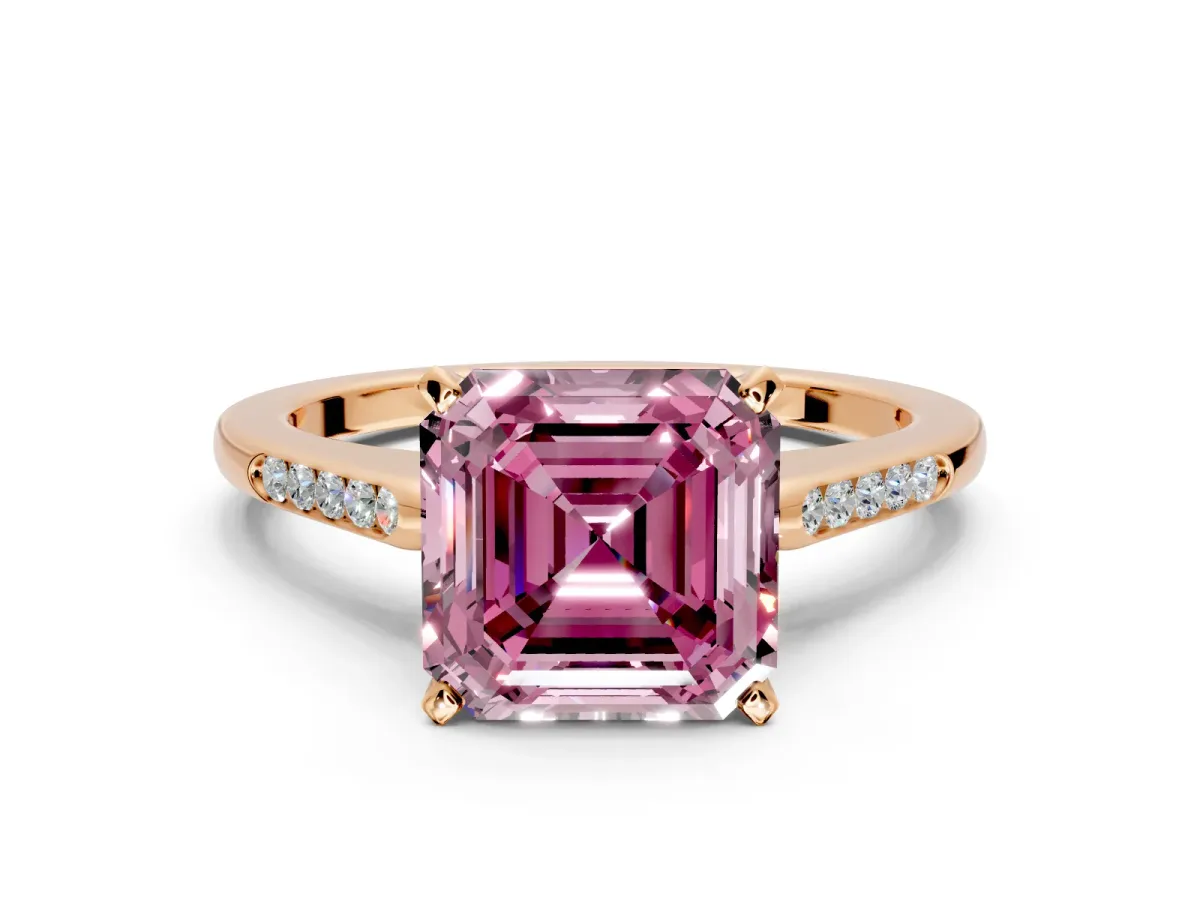 Solitaire Engagement Ring Setting for Fancy Pink Asscher Cut Center with Channel Accents and Prong Head in Rose Gold