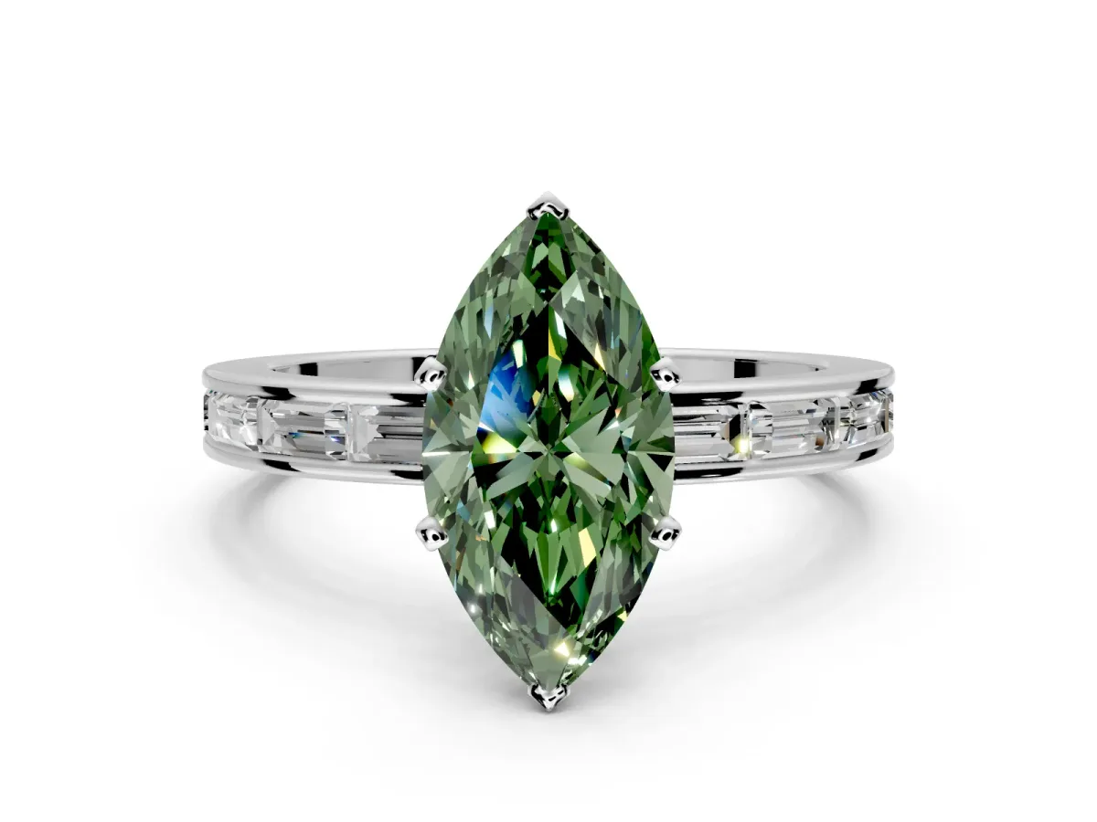 Solitaire Engagement Ring Setting for Fancy Green Marquise Center with Channel Baguette Band and Prong Head in White Gold