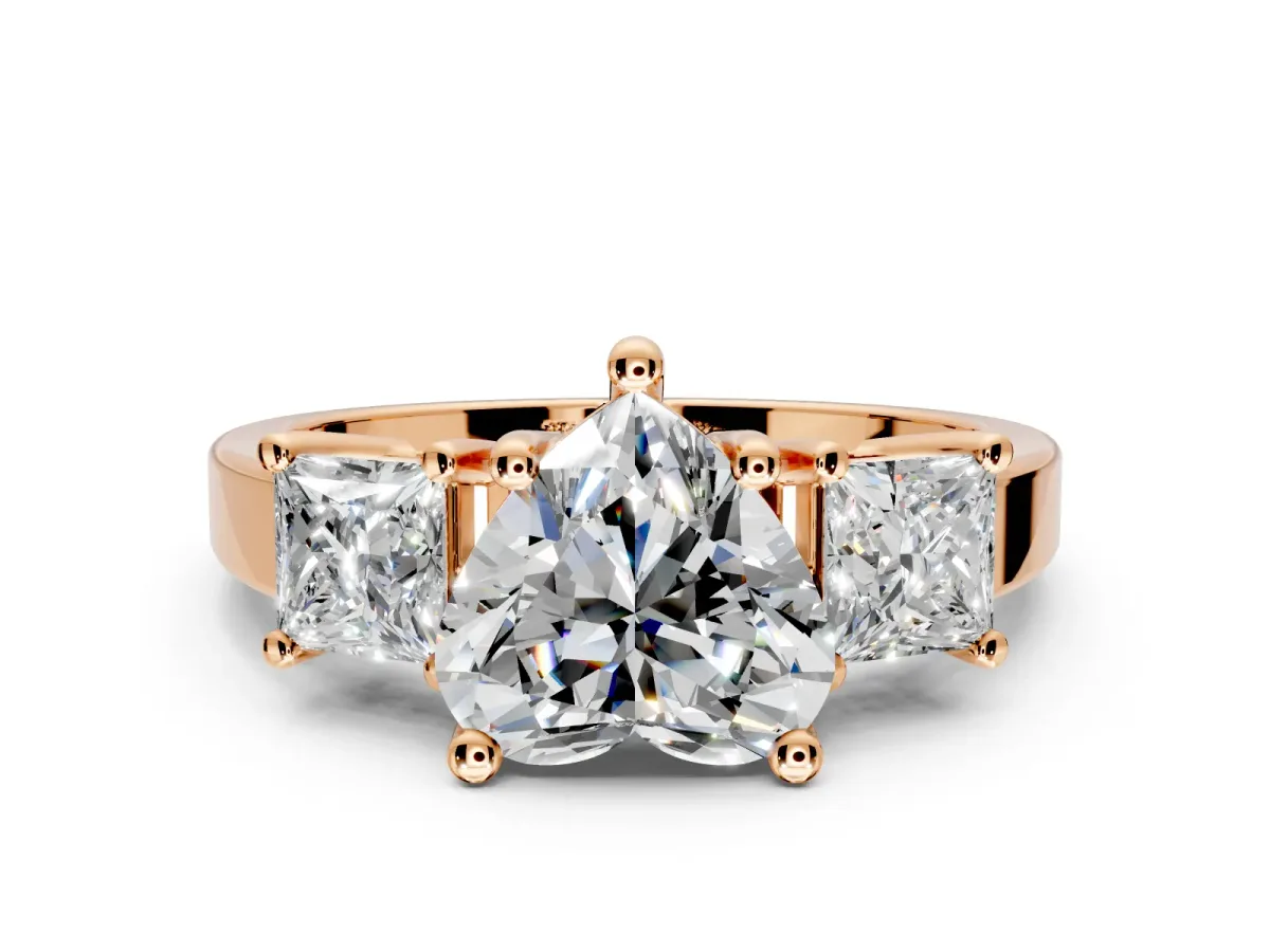 3 Stone Engagement Ring Setting for Heart-Shaped Center with Matching Side Accents and Prong Head in Rose Gold
