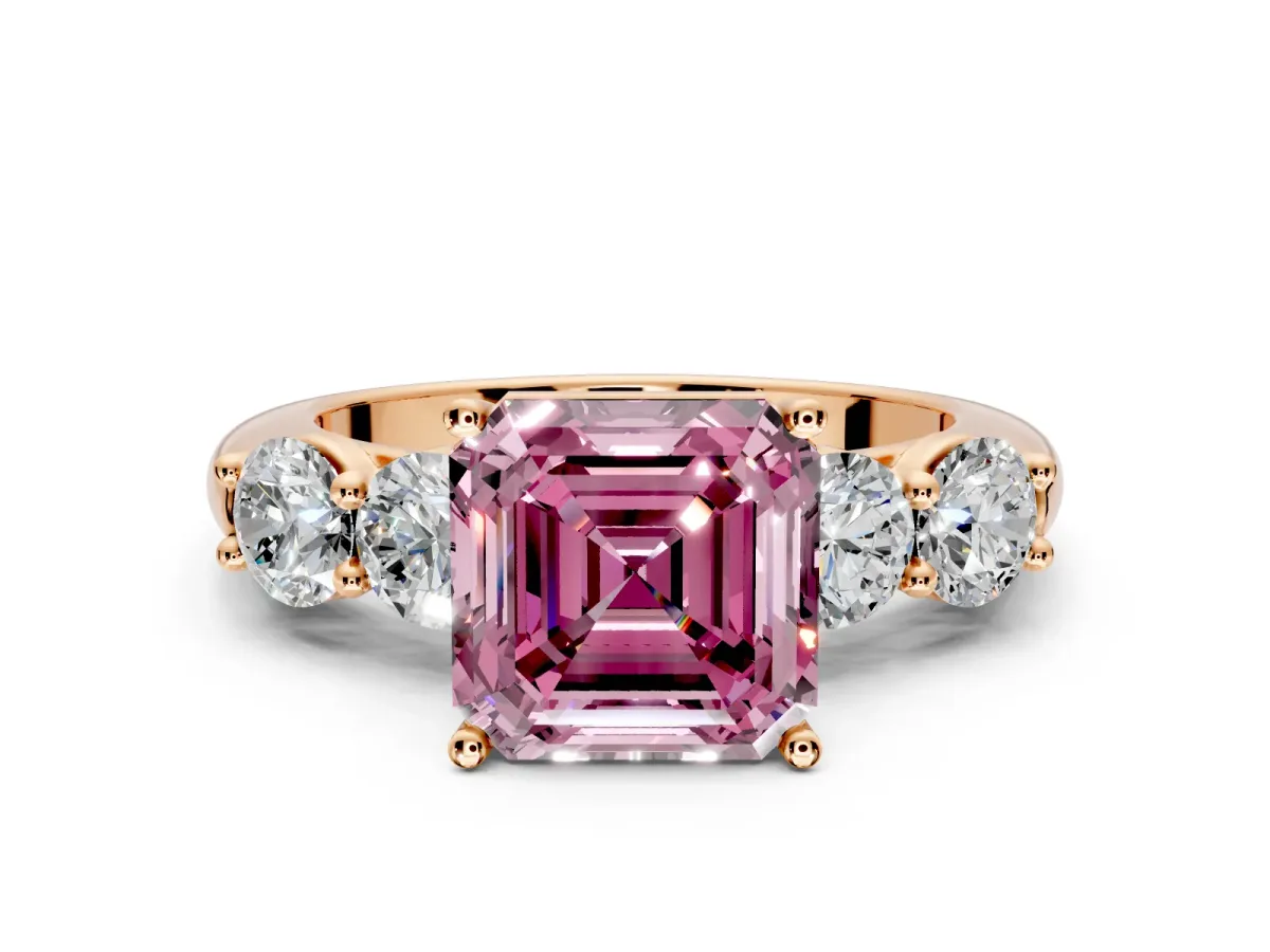 5 Stone Engagement Ring Setting for Fancy Pink Asscher Cut Center with Graduated Accents and Prong Head in Rose Gold