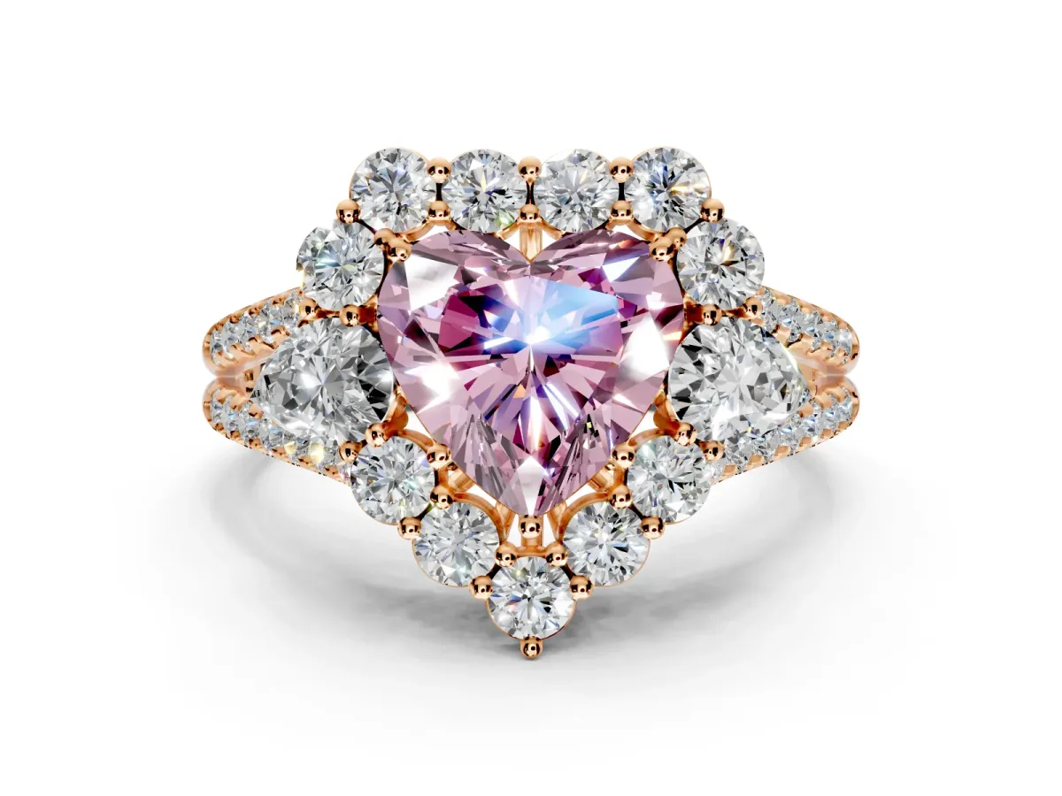 Halo Engagement Ring Setting for Fancy Pink Heart-Shaped Center with Two-Strand Split Shank and Prong Head in Rose Gold
