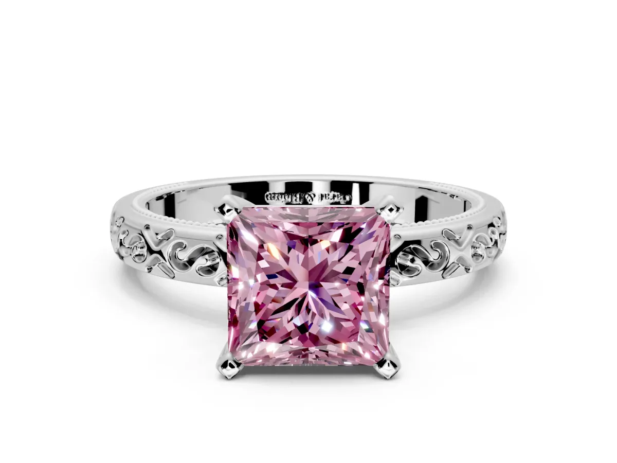 Solitaire Engagement Ring Setting for Fancy Pink Princess Cut Center with Scrollwork Band and Prong Head in White Gold