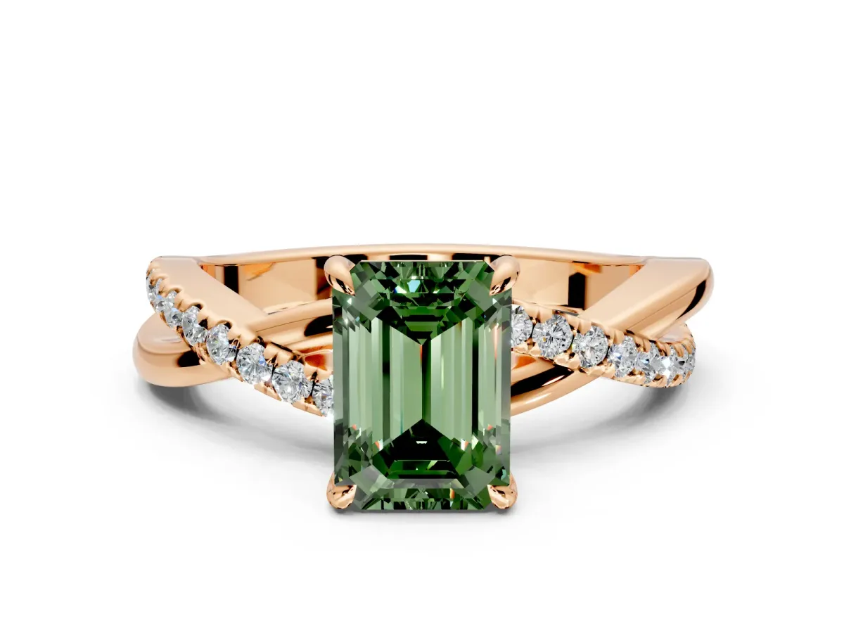 Crossover Engagement Ring Setting for Fancy Green Emerald Cut Center with Pave and Plain Strands and Prong Head in Rose Gold