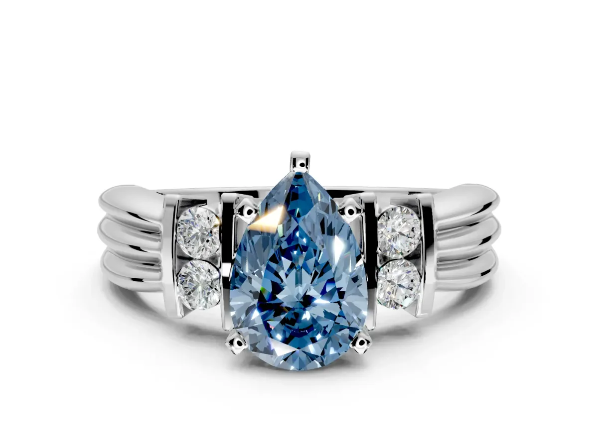 Solitaire Engagement Ring Setting for Fancy Blue Pear-Shaped Center with Grooved Bar Accent Band and Prong Head in Sterling Silver