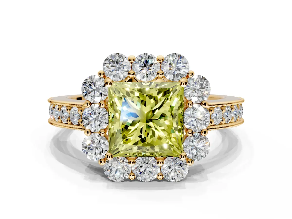 Halo Engagement Ring Setting for Fancy Yellow Princess Cut Center with Milgrain Channel Band and Prong Head in Yellow Gold