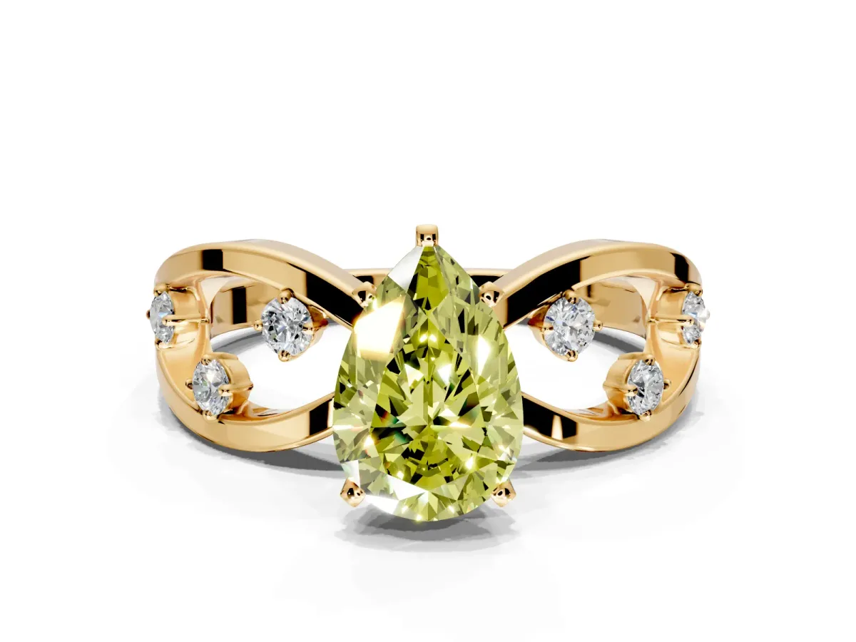 Solitaire Engagement Ring Setting for Fancy Yellow Pear-Shaped Center with Criss-Cross Accent Band and Prong Head in Yellow Gold
