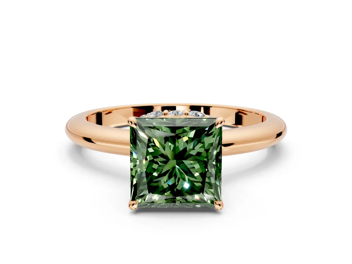 Hidden Halo Engagement Ring Setting for Fancy Green Princess Cut Center with Plain Rounded Band and Prong Head in Rose Gold