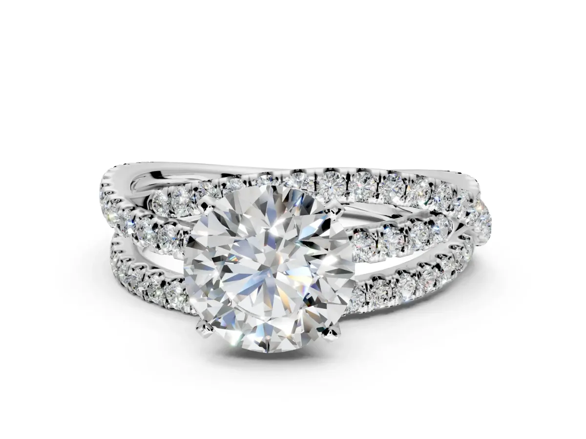 Solitaire Engagement Ring Setting for Round Cut Center with Woven 3-Strand Pave Band and Prong Head in Platinum