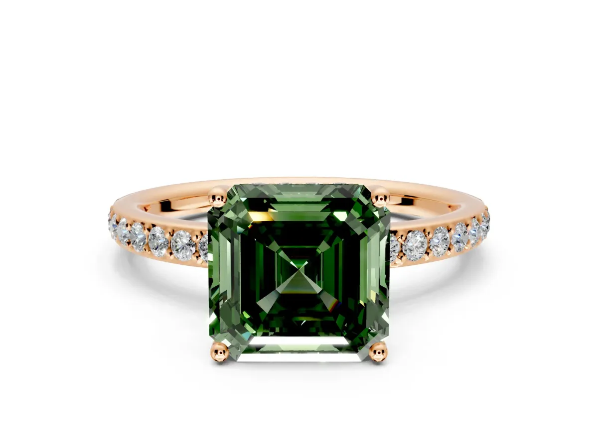 Solitaire Engagement Ring Setting for Fancy Green Asscher Cut Center with Fine Pave Band and Prong Head in Rose Gold