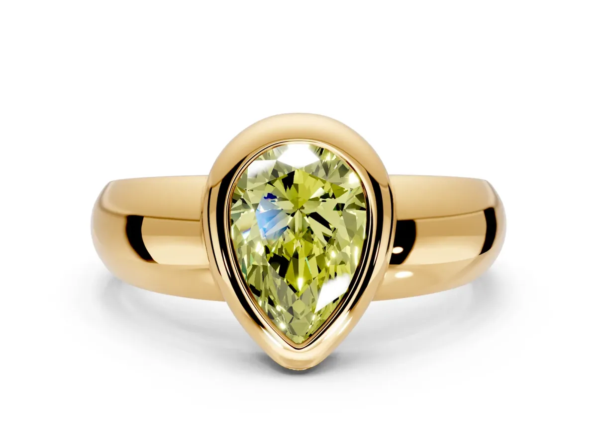 Solitaire Engagement Ring Setting for Fancy Yellow Pear-Shaped Center with Wide Band and Bezel Head in Yellow Gold