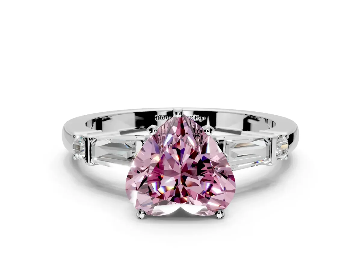 Bar-Set Engagement Ring Setting for Fancy Pink Heart-Shaped Center with Tapered Baguette Accents and Prong Head in Sterling Silver