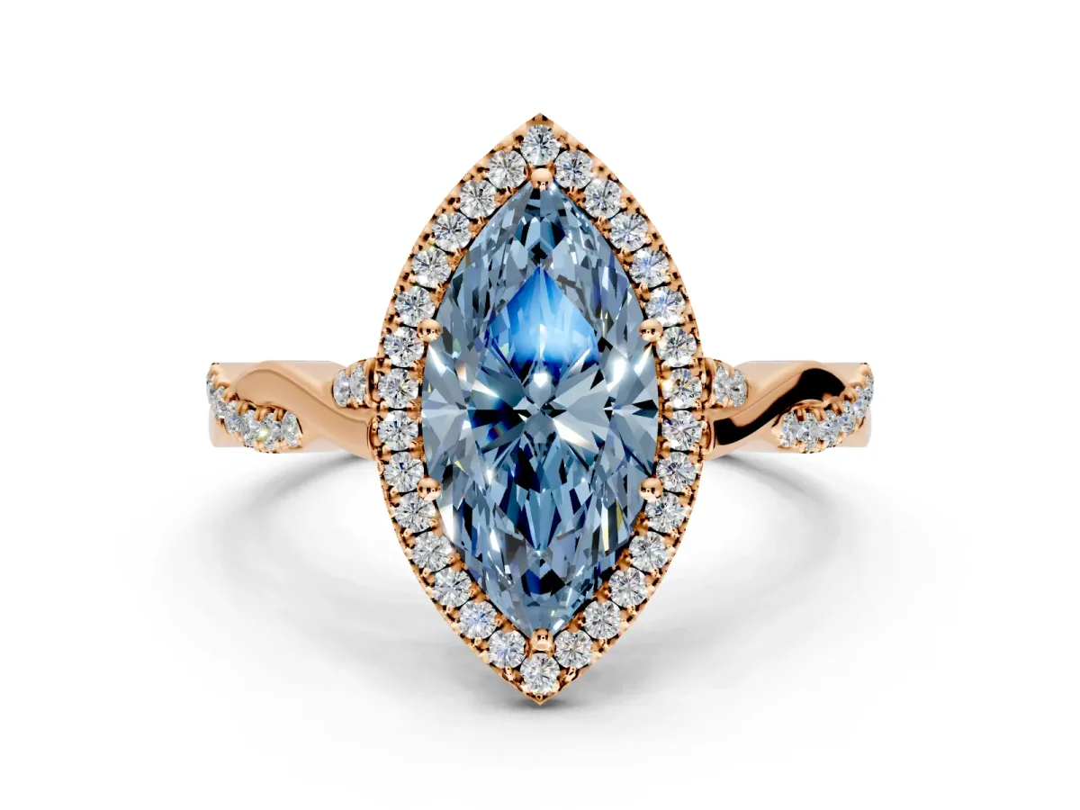Halo Engagement Ring Setting for Fancy Blue Marquise Center with Twist Band and Prong Head in Rose Gold
