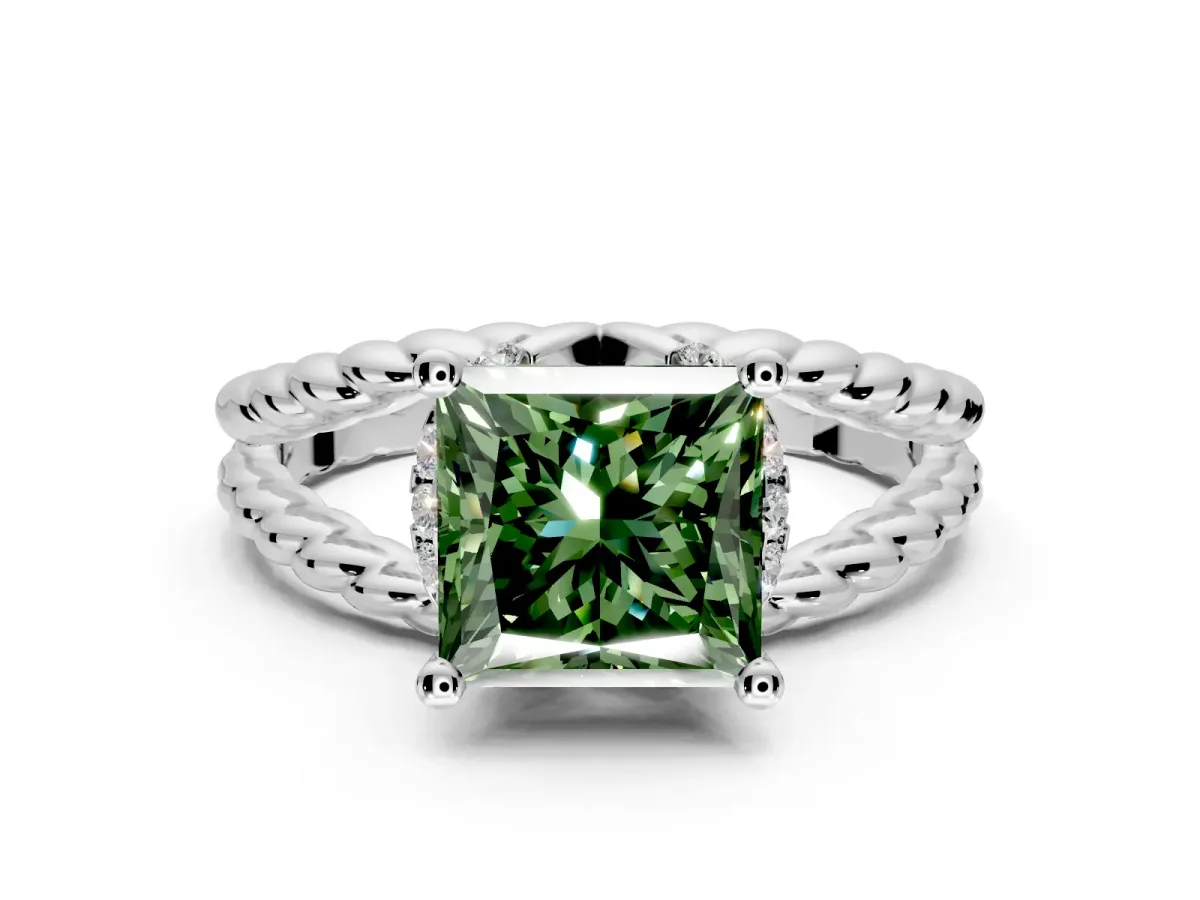 Halo Engagement Ring Setting for Fancy Green Princess Cut Center with Rope Twist Split Shank and Prong Head in White Gold