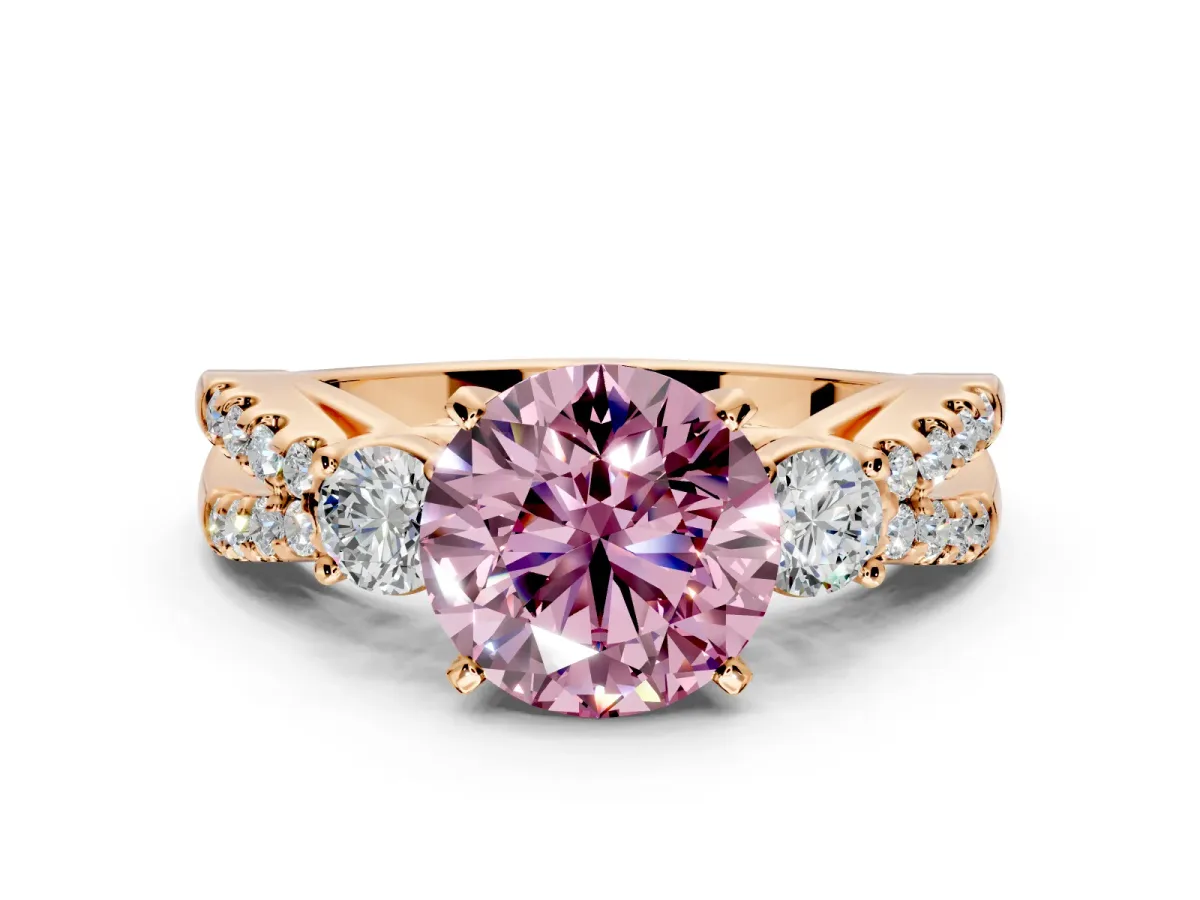 3 Stone Engagement Ring Setting for Fancy Pink Round Cut Center with Pave Split Shank and Prong Head in Rose Gold