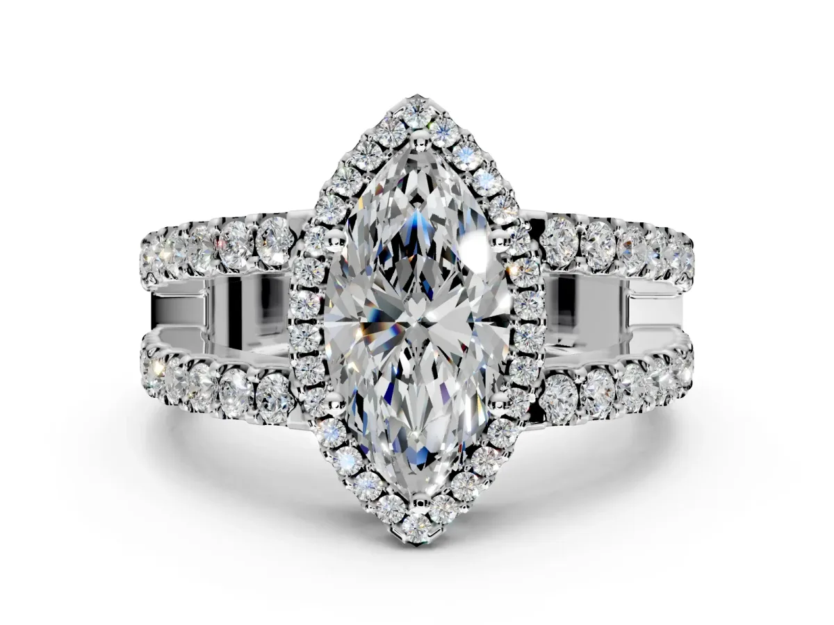 Halo Engagement Ring Setting for Marquise Center with Wide-Open Pave Split Shank and Prong Head in Sterling Silver
