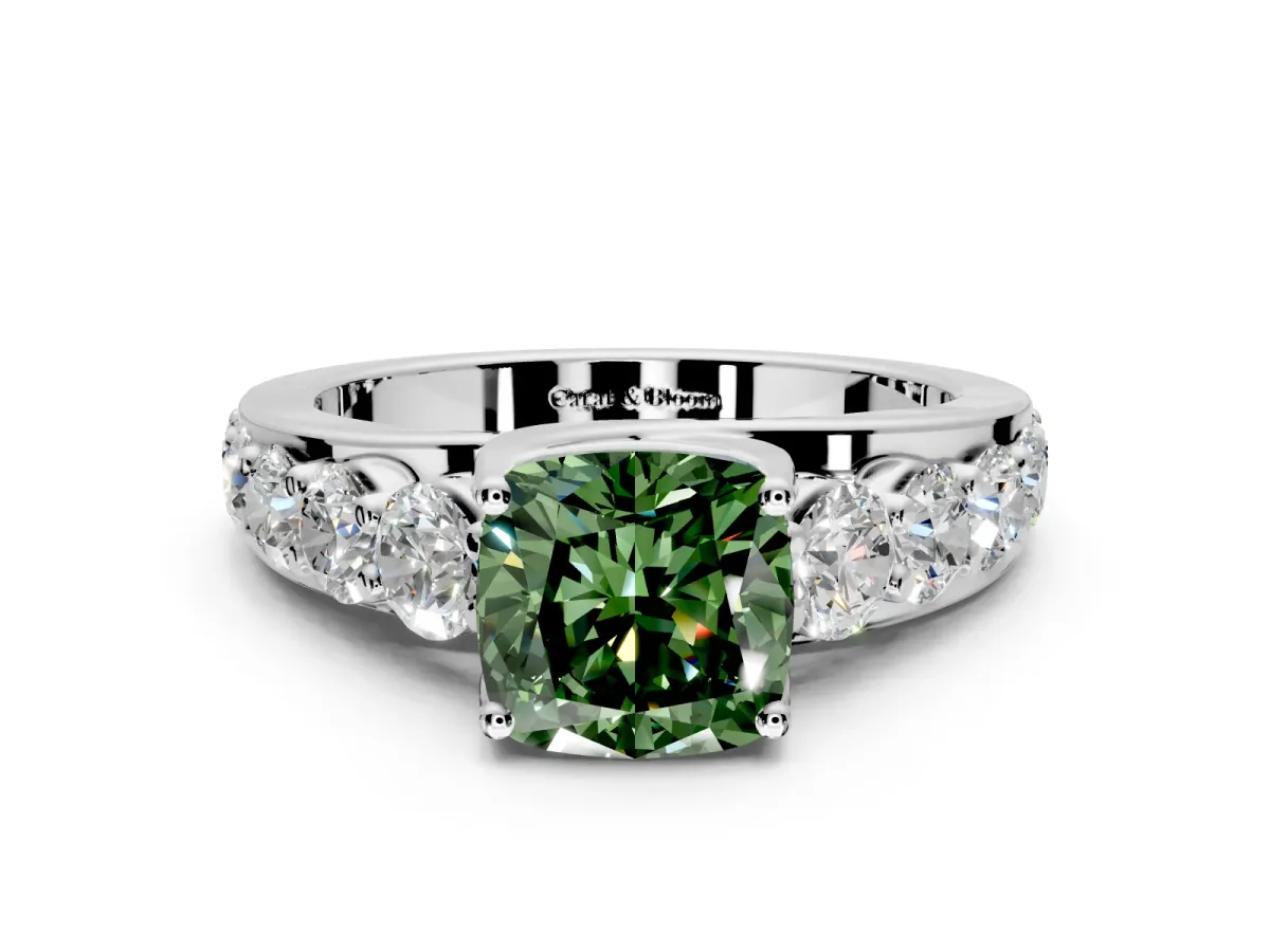 Solitaire Engagement Ring Setting for Fancy Green Cushion Cut Center with Graduated Shared Prongs and Prong Head in Sterling Silver