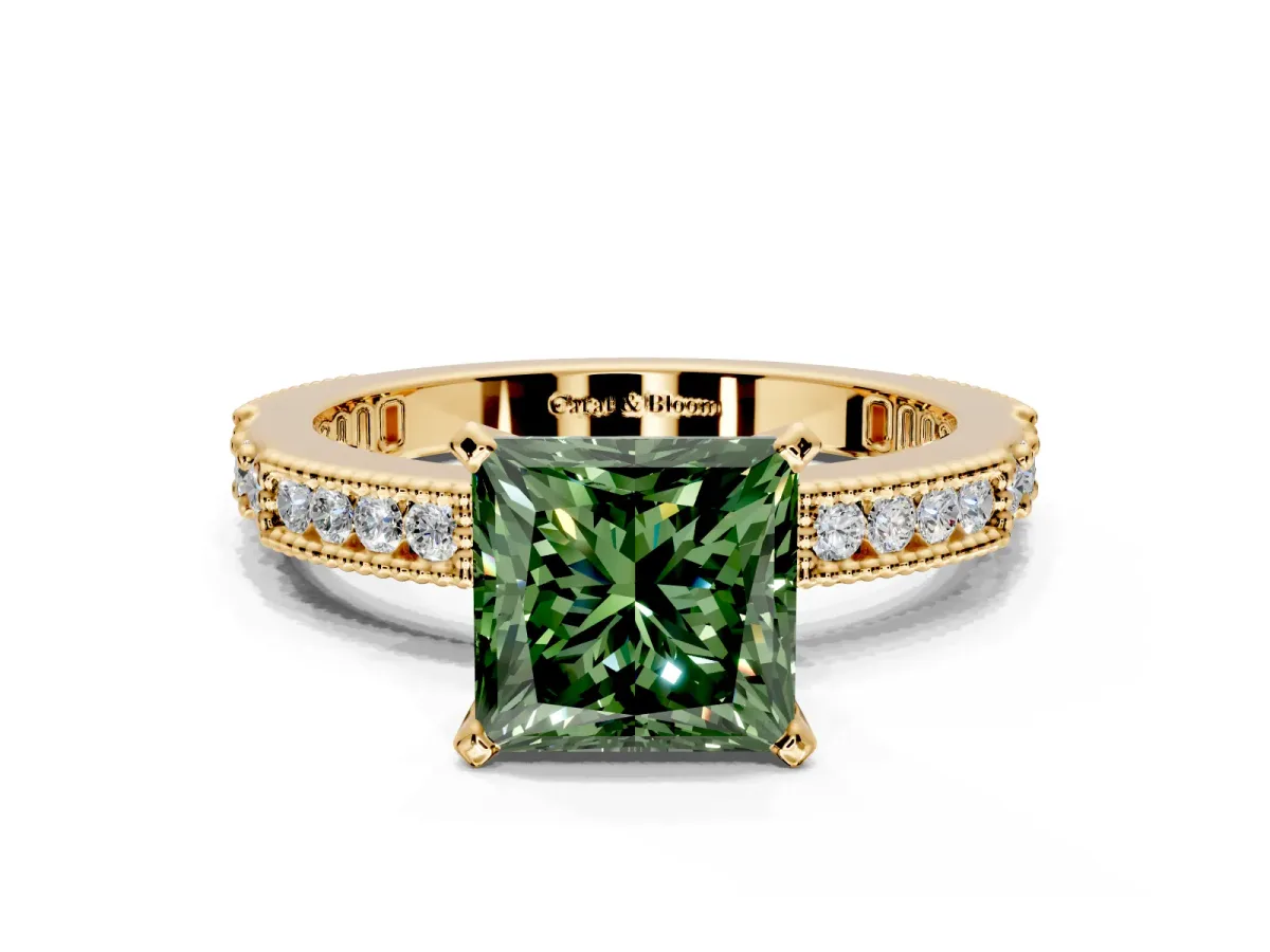 Solitaire Engagement Ring Setting for Fancy Green Princess Cut Center with Milgrain-Edged Pave Band and Prong Head in Yellow Gold