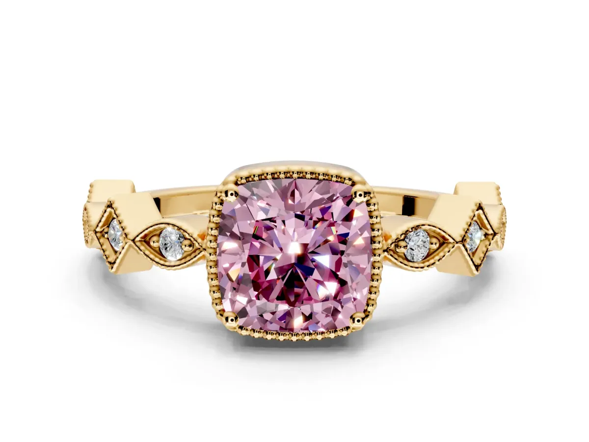 Milgrain Bezel Engagement Ring Setting for Fancy Pink Cushion Cut Center with Marquise Stations and Bezel Head in Yellow Gold