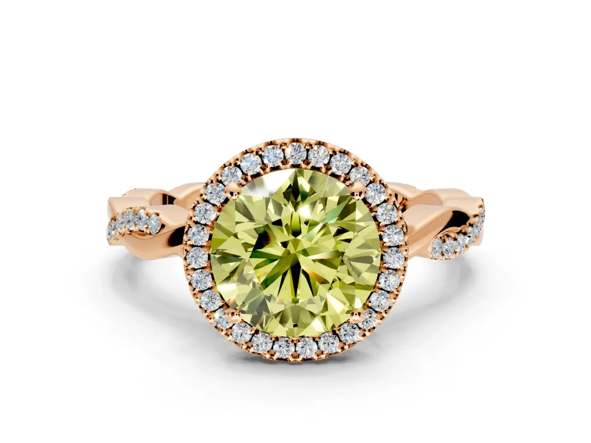 Halo Engagement Ring Setting for Fancy Yellow Round Cut Center with Pave and Plain Twist Band and Prong Head in Rose Gold