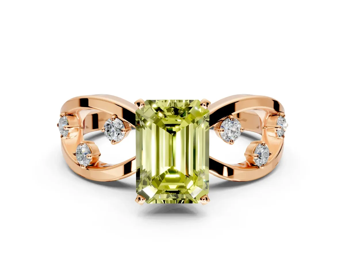 Solitaire Engagement Ring Setting for Fancy Yellow Emerald Cut Center with Criss-Cross Accent Band and Prong Head in Rose Gold