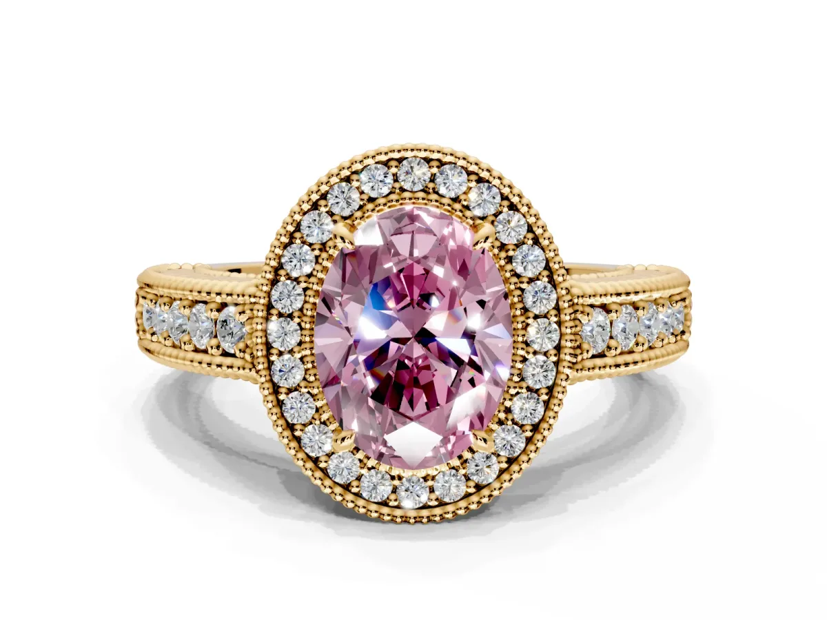 Milgrain Halo Engagement Ring Setting for Fancy Pink Oval Center with Pave Band and Prong Head in Yellow Gold