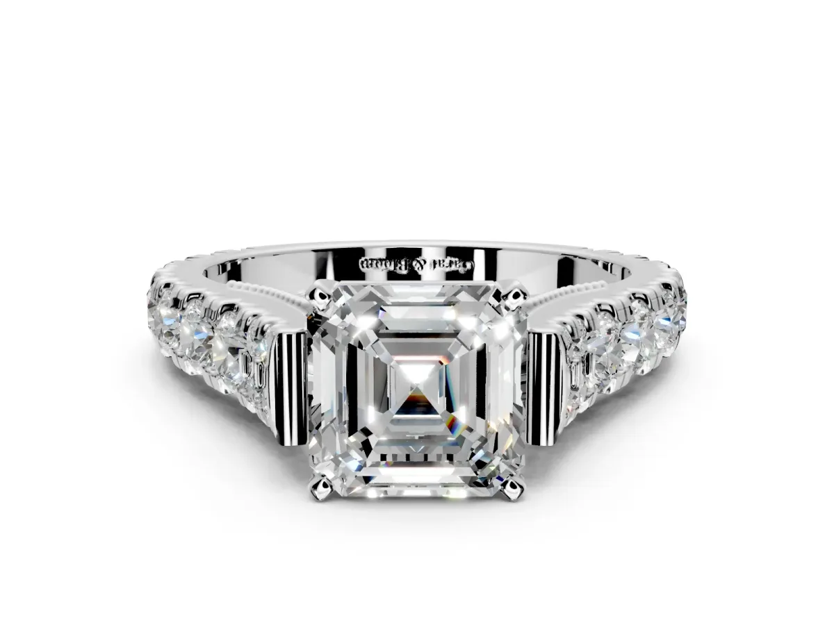 Solitaire Engagement Ring Setting for Asscher Cut Center with Pave Cathedral Shoulders and Prong Head in Platinum