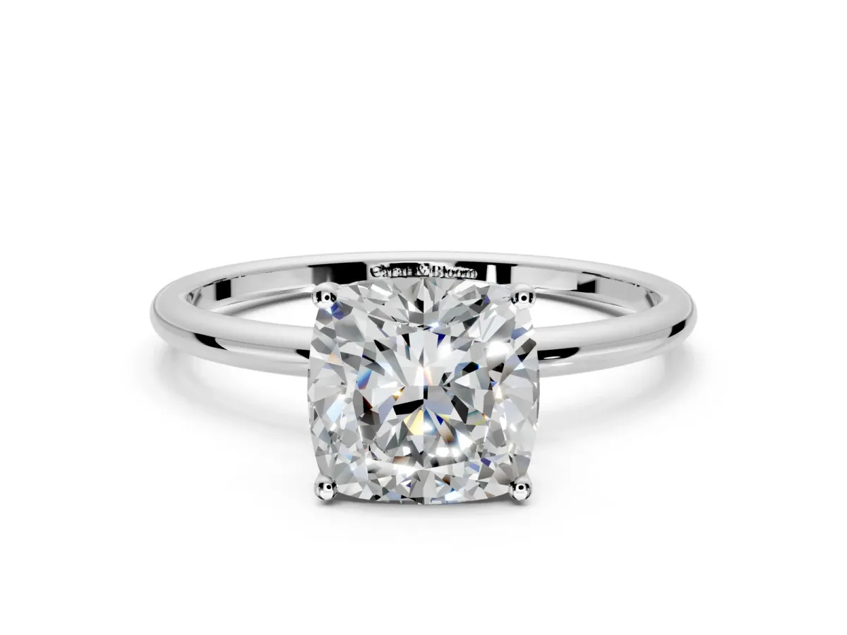 Solitaire Engagement Ring Setting for Cushion Cut Center with Straight Thin Band and Prong Head in Sterling Silver